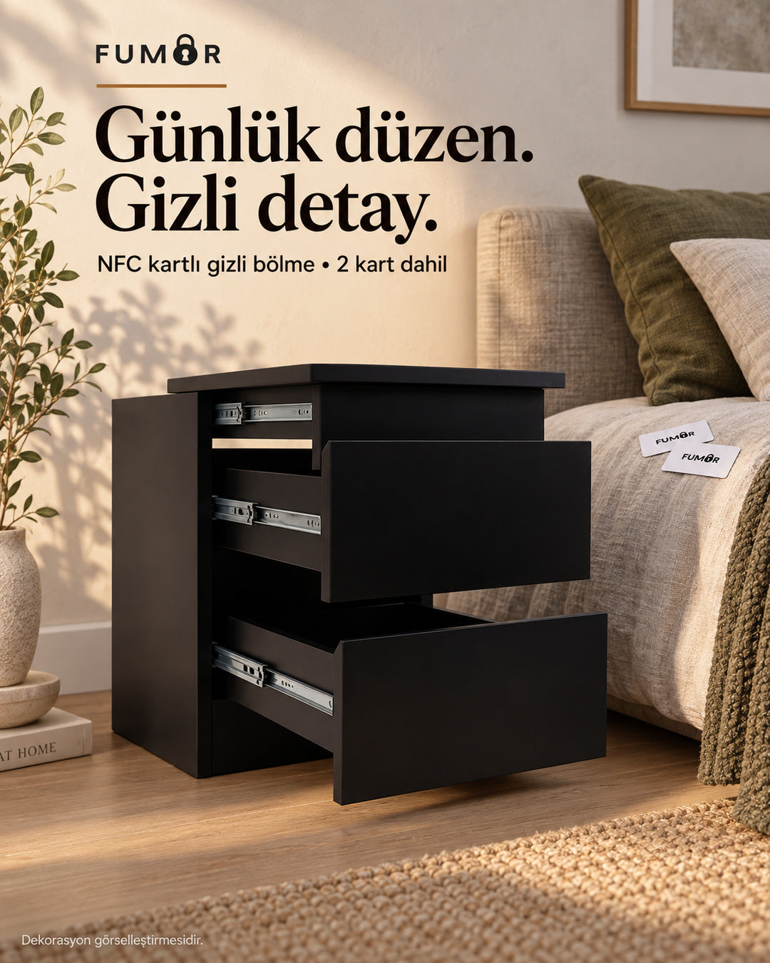 Yatak odasında siyah komodin dekorasyonu - Fumor siyah gizli bölmeli NFC kartlı komodin