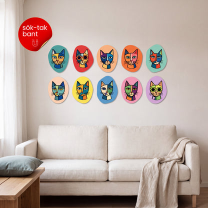 Kedi Figürlü 10'lu Dekoratif MDF Tablo Seti