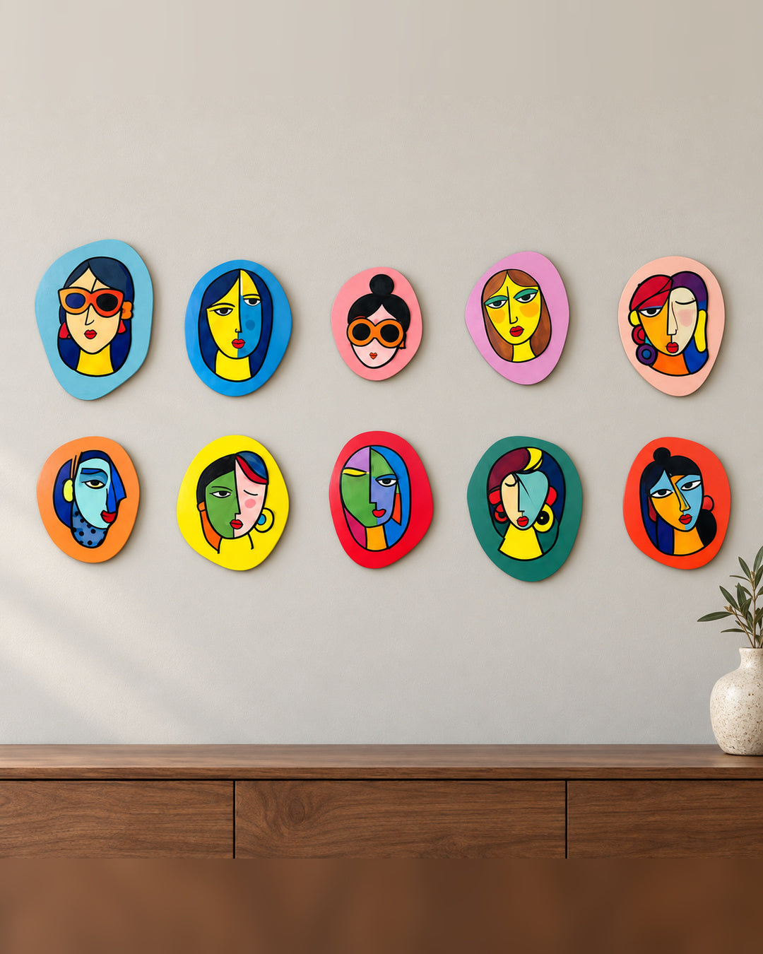 Kadın Portreleri 10'lu Dekoratif MDF Tablo Seti — ev ortamında dijital dekorasyon görselleştirmesi; aksesuarlar dahil değildir.