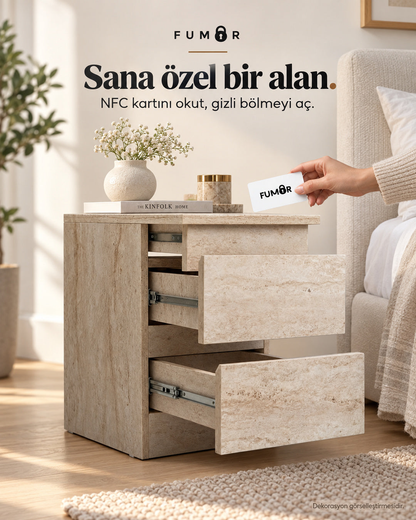 Fumor NFC kartlı komodin — ev ortamında kartla açılan gizli bölme, dekorasyon görselleştirmesi