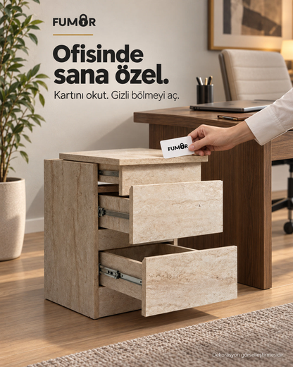 Fumor NFC kartlı komodin — ofis ortamında kartla açılan gizli bölme, dekorasyon görselleştirmesi