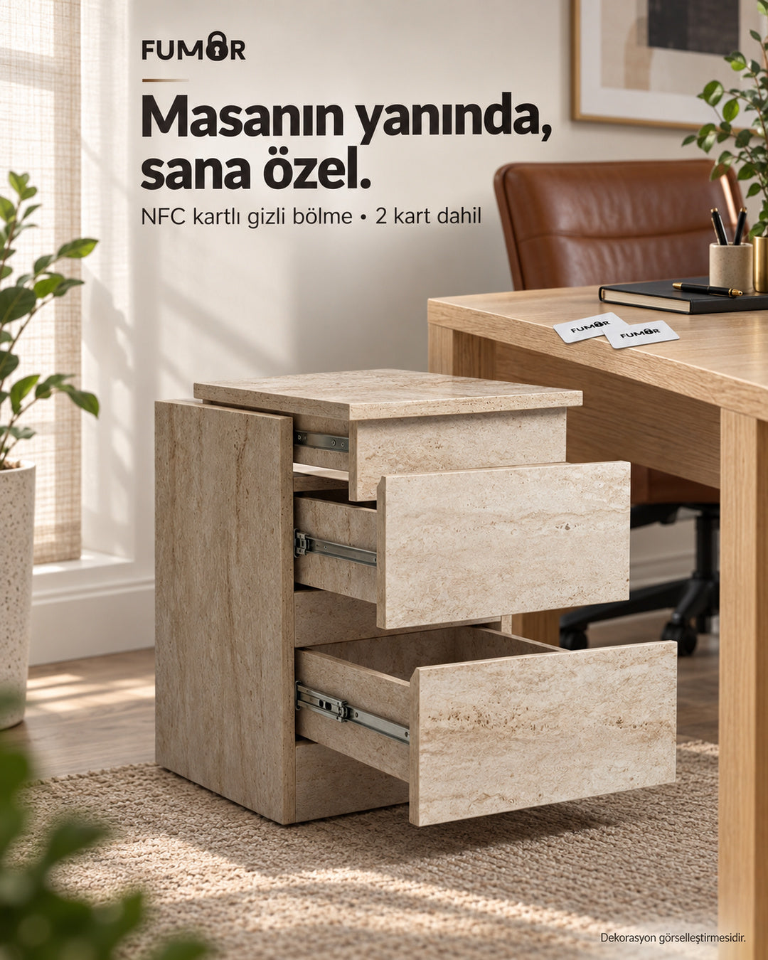 Fumor NFC kartlı komodin — ofis ortamında gizli bölme ve iki erişim kartı, dekorasyon görselleştirmesi