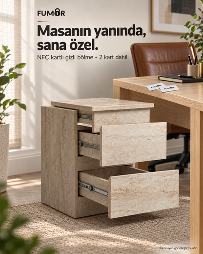 Fumor NFC kartlı komodin — ofis ortamında gizli bölme ve iki erişim kartı, dekorasyon görselleştirmesi