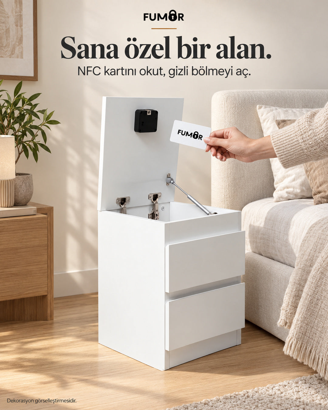 Fumor NFC kartlı komodin — ev ortamında kartla açılan gizli bölme, dekorasyon görselleştirmesi