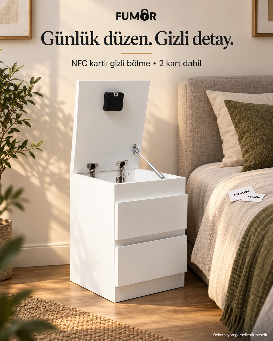Fumor NFC kartlı komodin — ev ortamında gizli bölme ve iki erişim kartı, dekorasyon görselleştirmesi