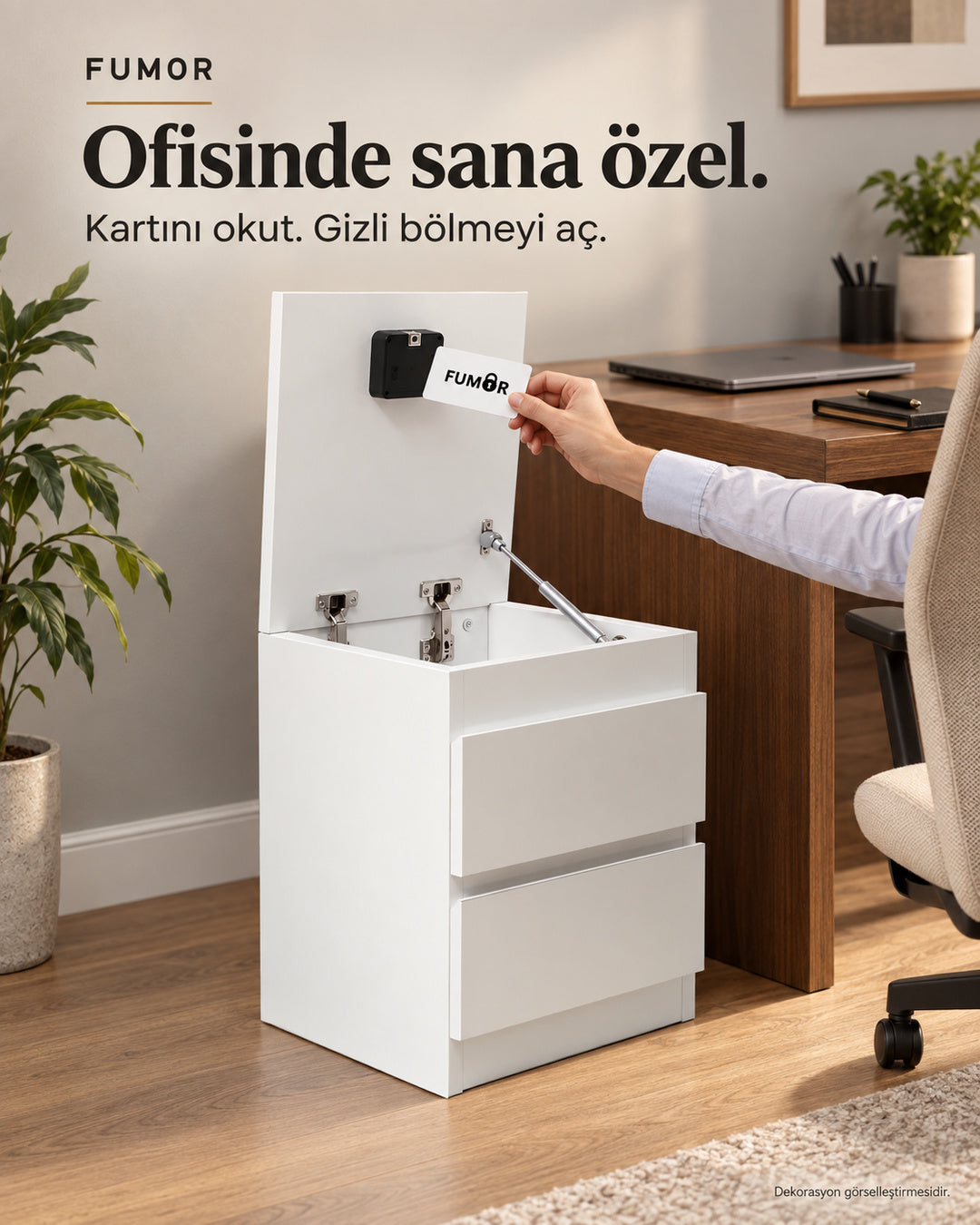 Fumor NFC kartlı komodin — ofis ortamında kartla açılan gizli bölme, dekorasyon görselleştirmesi