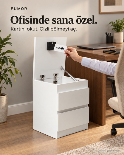 Fumor NFC kartlı komodin — ofis ortamında kartla açılan gizli bölme, dekorasyon görselleştirmesi
