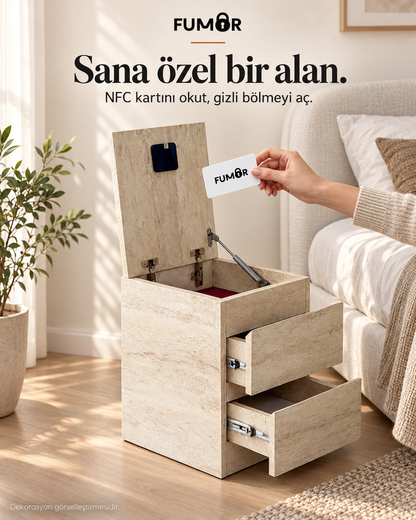 Fumor NFC kartlı komodin — ev ortamında kartla açılan gizli bölme, dekorasyon görselleştirmesi
