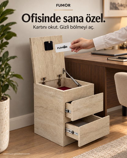 Fumor NFC kartlı komodin — ofis ortamında kartla açılan gizli bölme, dekorasyon görselleştirmesi