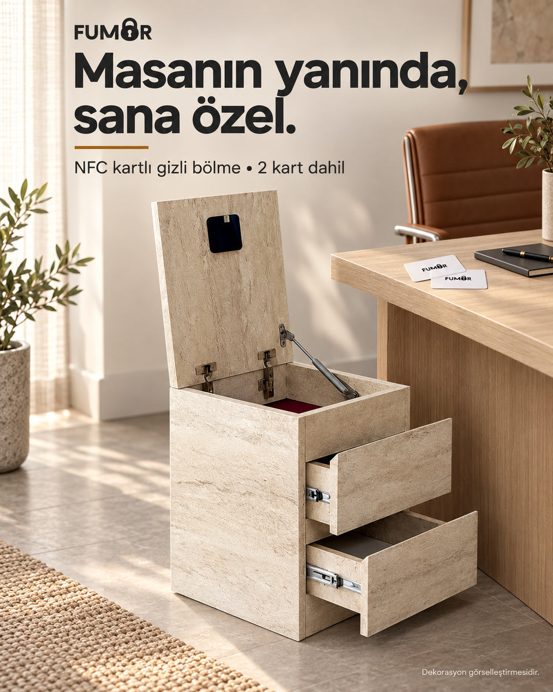 Fumor NFC kartlı komodin — ofis ortamında gizli bölme ve iki erişim kartı, dekorasyon görselleştirmesi