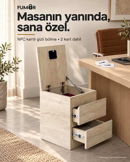 Fumor NFC kartlı komodin — ofis ortamında gizli bölme ve iki erişim kartı, dekorasyon görselleştirmesi