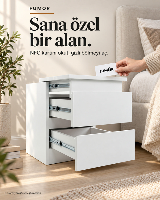 Fumor NFC kartlı komodin — ev ortamında kartla açılan gizli bölme, dekorasyon görselleştirmesi