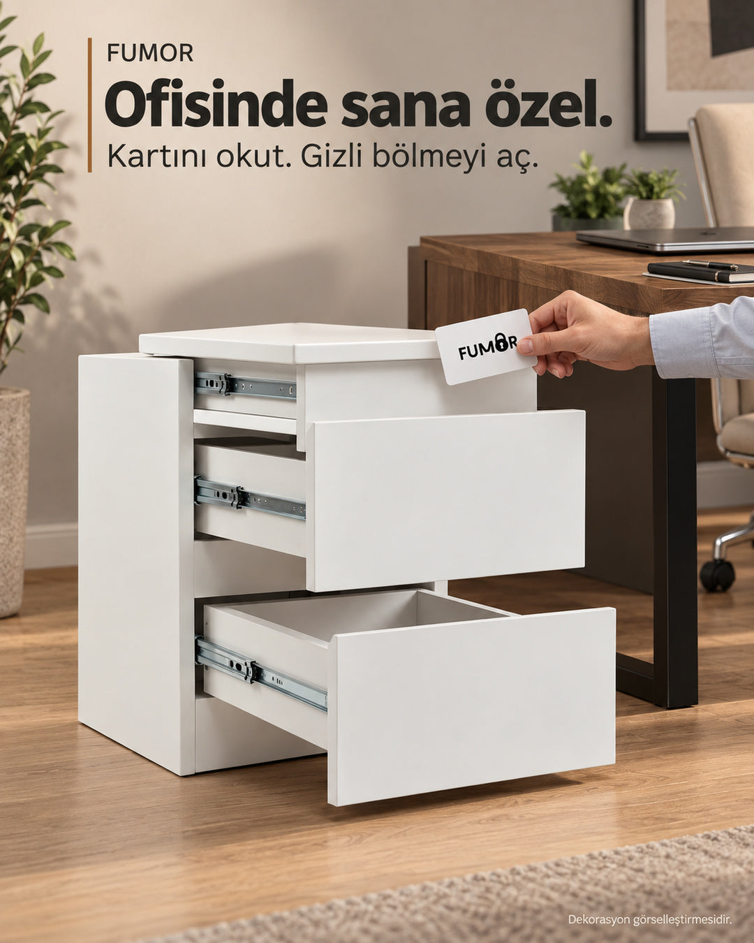 Fumor NFC kartlı komodin — ofis ortamında kartla açılan gizli bölme, dekorasyon görselleştirmesi