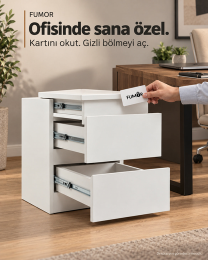 Fumor NFC kartlı komodin — ofis ortamında kartla açılan gizli bölme, dekorasyon görselleştirmesi