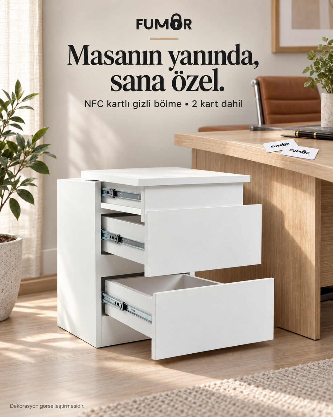 Fumor NFC kartlı komodin — ofis ortamında gizli bölme ve iki erişim kartı, dekorasyon görselleştirmesi