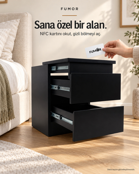 Fumor NFC kartlı komodin — ev ortamında kartla açılan gizli bölme, dekorasyon görselleştirmesi