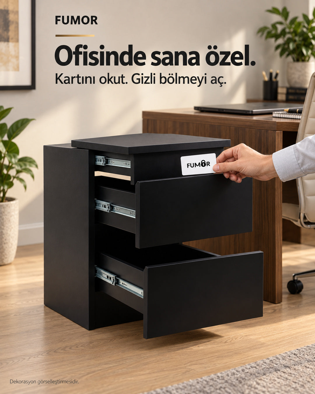 Fumor NFC kartlı komodin — ofis ortamında kartla açılan gizli bölme, dekorasyon görselleştirmesi