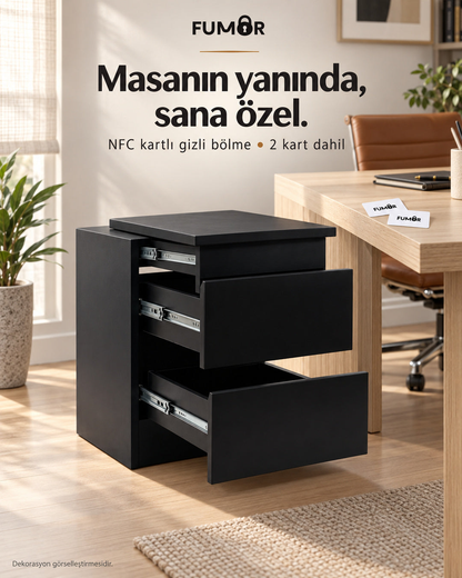 Fumor NFC kartlı komodin — ofis ortamında gizli bölme ve iki erişim kartı, dekorasyon görselleştirmesi