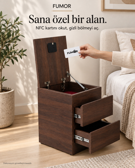 Fumor NFC kartlı komodin — ev ortamında kartla açılan gizli bölme, dekorasyon görselleştirmesi