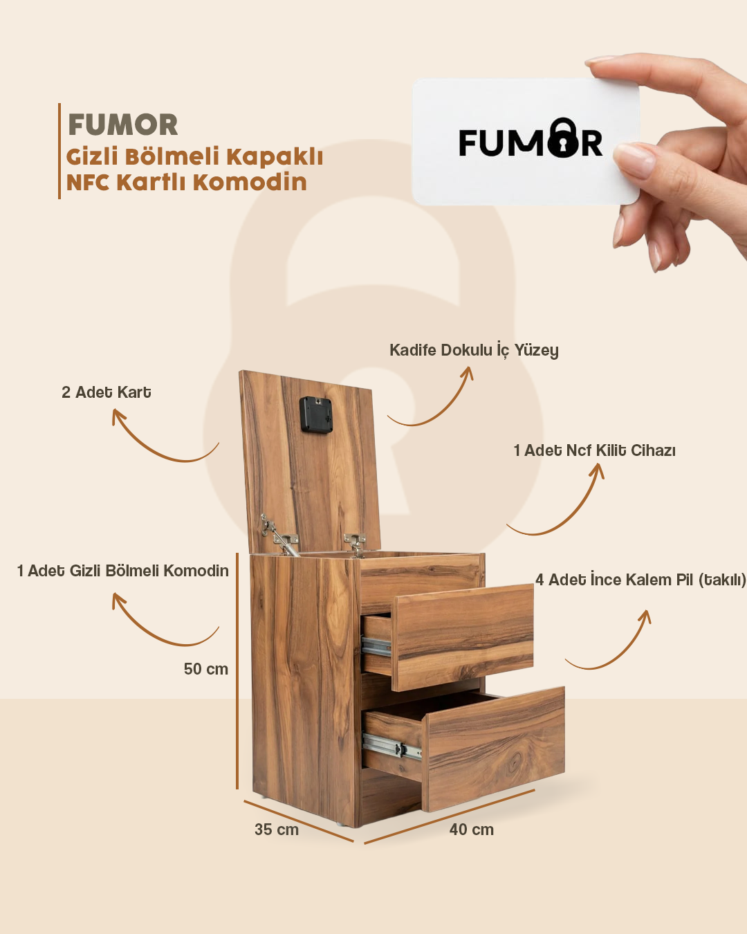 Fumor Gizli Bölmeli Kapaklı NFC Kartlı Komodin