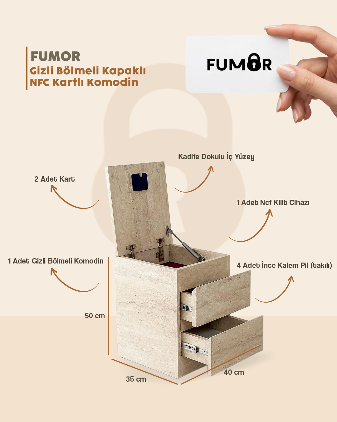 Fumor Gizli Bölmeli Kapaklı NFC Kartlı Komodin