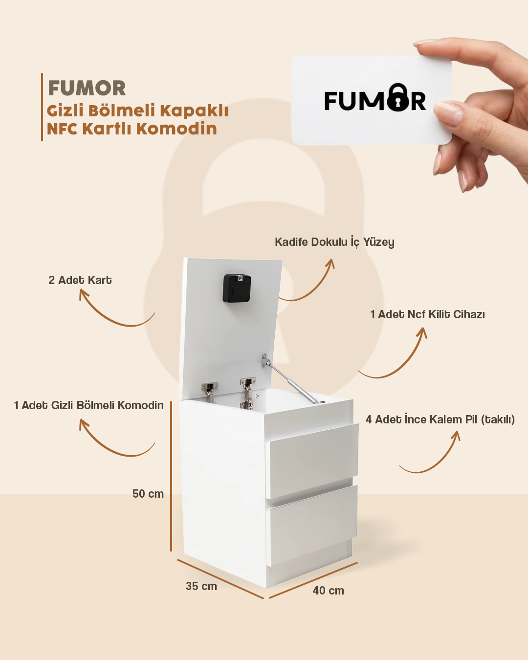 Fumor Gizli Bölmeli Kapaklı NFC Kartlı Komodin